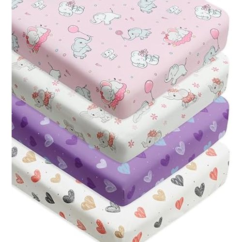 4 Pack Baby Girl Crib Sheets Set Soft Fitted Floral or Elephant Theme Baby Girl Mattress Covers Breathable Toddler Bed Sheets for Infant or Newborn Girls (Elephant, Crib Sheets)