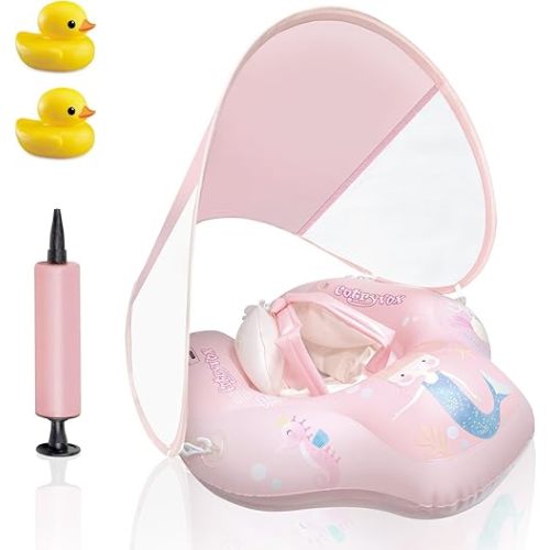 Baby Pool Float with Canopy,Pool Float for Toddlers 6-36 Month, Pink Infant Float,Baby Swim Float&Baby Swimming Float UPF50+ Sun Protection,Kids Floaties for Pool and Beach with Pump.