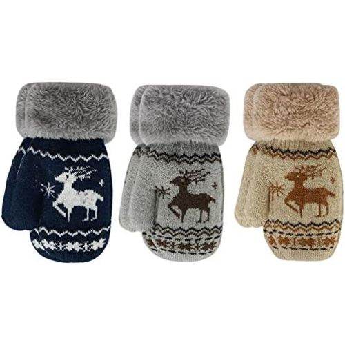 ORVINNER 3 Pairs Baby Boys Girls Winter Sherpa Lined Mittens Toddler Kids Warm Knit Gloves with String