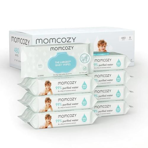 Momcozy Water Baby Wipes-Extra Large Size Design, 99% Water Based Wipes, Unscented & Hypoallergenic, Cleansing & Moisturizing Baby Wipes for Sensitive Skin, 8 Flip-Top Packs (480 Wipes Total)