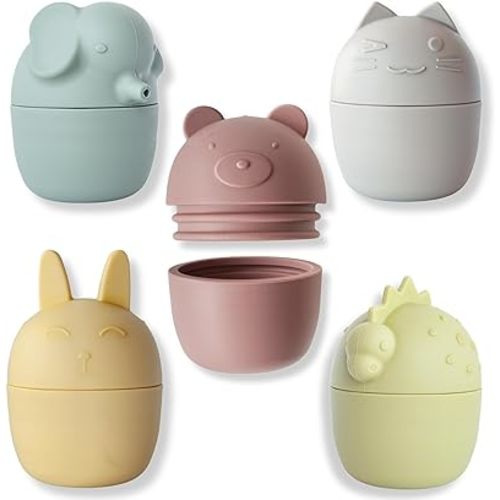 5 Pack Baby Bath Toys, Mold Free Water Toys for Infant & Toddlers, Interchangeable Tops and Bottoms, Animals, Numbers, Silicone Bath Tub Toys, o1baby