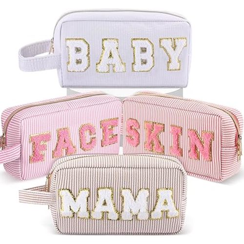 4 Pcs Chenille Letter Makeup Bag MAMA Letter Patch Cosmetic Bag Mama Pouch Stripe Toiletry Cosmetic Case Travel Zipper Pouch Makeup Bag Mother's Day Gift for Women