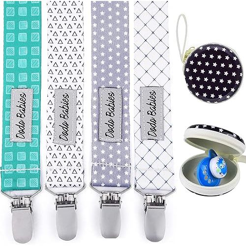 Dodo Babies Pacifier Clip Set - Four Clips Plus Binky Case – Universal Holder Fits Most Paci Brands, Teether Toys and Car Seats – Blue and Teal Prints for Girls or Boys