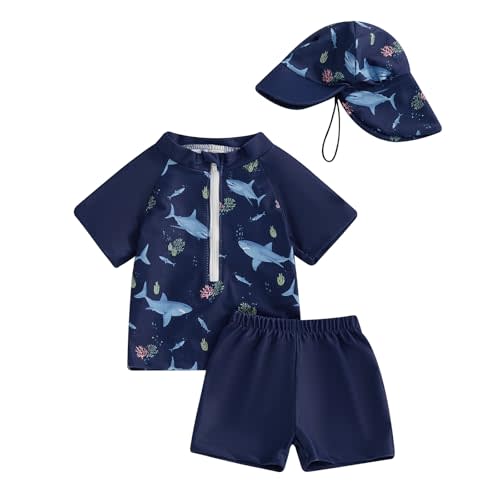 Toddler Baby Boys' 3-Piece Swimsuit Set Short Sleeve Bathing Suit Baby Rash Guard Swimwear with Sun Hat