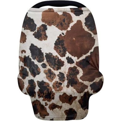 Wanyint Brown Black Cow Print Stretchy Baby Car Seat Covers Carseat Canopy Baby Breastfeeding Stroller High Chair Shopping Cart Cover, Multi Use Nursing Scarf Infant Stroller Cover