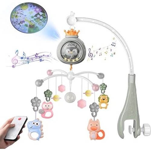 Crib Mobile with Music and Lights, Mobiles for Cribs, Baby Nursery Space Portable Infant Mobile Arm Hanger for Girls Boys Babies Bassinets Pack and Play Clip On Attachment, Crib Toys Musical Hanging