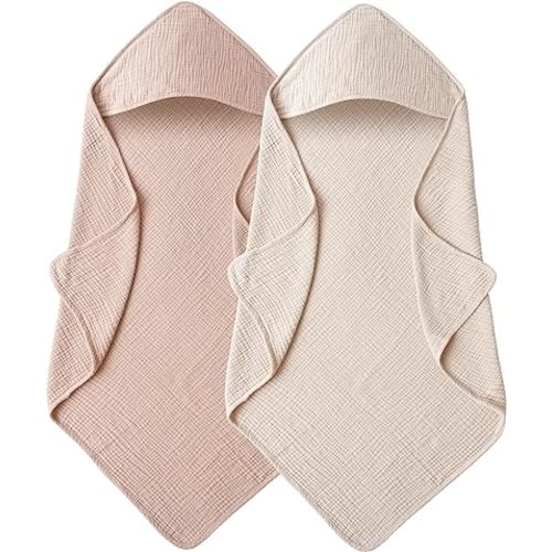 Muslin Baby Towels with Hood for Newborn 100% Cotton Baby Bath Towels Soft & Absorbent Hooded Baby Towel for Boys and Girls, Large Size - 32 * 32 Inches (Ivory & Pink)