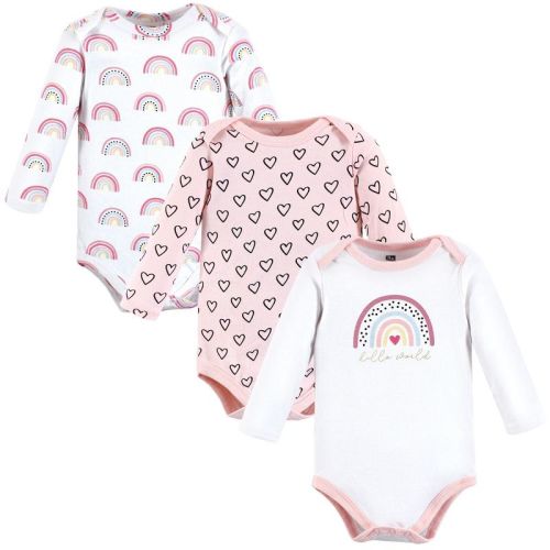 Hudson Baby Infant Girl Cotton Long-sleeve Bodysuits, Modern Rainbow 3-pack, 12-18 Months