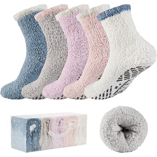 Bulinlulu Fuzzy Socks With Grips for Women 5-Pairs Non Slip Sleep Warm Fluffy Slipper Socks with Grippers for women