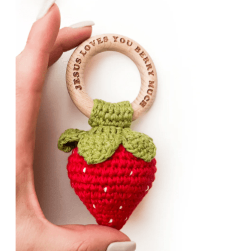 Jesus Loves You Berry Much Strawberry Knitted Teether Rattle