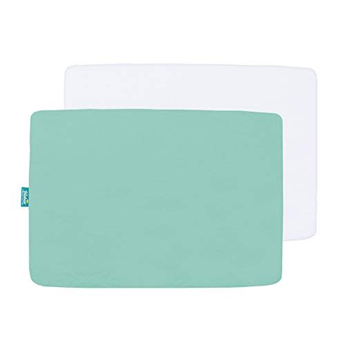 Mini Crib Sheets Fitted, 2 Pack Portable Playard Pack N Play Sheet, Ultra Soft Microfiber Pack and Play Sheets, White & Aqua, Preshrunk