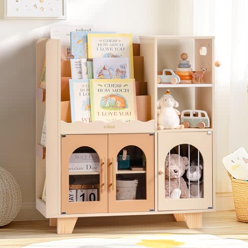 ROBUD Toy Storage Organizer, All-in-One Toy Organizers and Storage, Kids Wooden Bookshelf with 6 Storage compartments, Toy Chest Shelf Organizer for Playroom Bedroom, Caramel