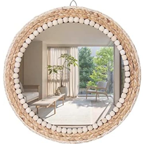 20”Large Nature Rattan Boho Innovative Art Decoration Round Makeup Mirror Dressing Bedroom Bathroom Wall Mounted Hanging Mirrors Craft Photo Props…