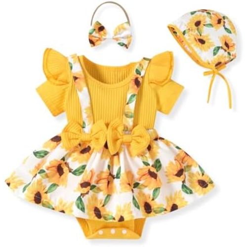 Unutiylo Preemie Newborn Baby Girl Clothes Romper Suspender Dress Summer Outfits Ruffle Short Sleeve Set