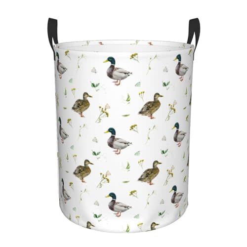 Laundry Basket Cute Mallard Duck Room Decor,Round Laundry Hamper Waterproof Dirty Clothes Hamper Collapsible Laundry Baskets With Handles,Toy/Clothes Storage Basket For Home Dorm Bathroom Decor
