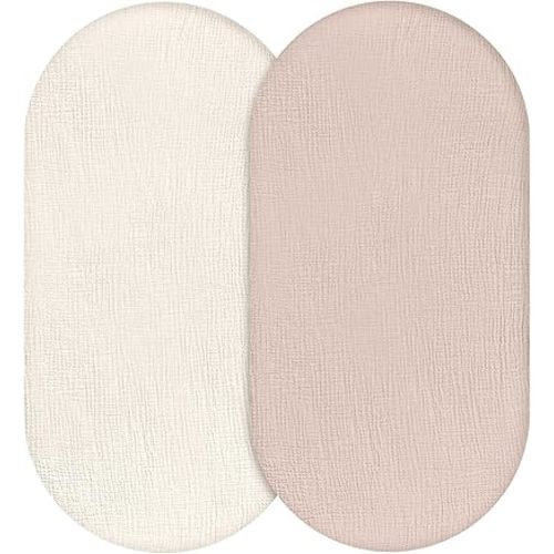Muslin Bassinet Fitted Sheets, 2 Pack for Baby Boy and Girl, Soft Breathable Stretchy Baby Pad/Mattress Sheet Set, Universal Fit for Hourglass Oval and Rectangle Bassinet Mattress (Gentle Colors)