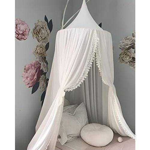 OldPAPA Kids Bed Canopy with Pom Pom Hanging Mosquito Net for Baby Crib Nook Castle Game Tent Nursery Play Room Decor，White