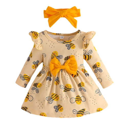 Zszcpp Baby Girl Newborn Dresses Princess Long Sleeve Ruffles Cartoon Bee Prints Round Neck Headbands Set 2Pc Going Out Holiday Casual Dresses