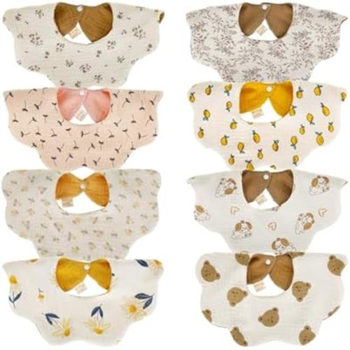 8Pcs Baby Drooling Bib, 28×25 cm Absorbent Feeding Teething Bib with Snap, 360˚ Reversible Cotton Bandana Bib for Girls Boys Machine Washable