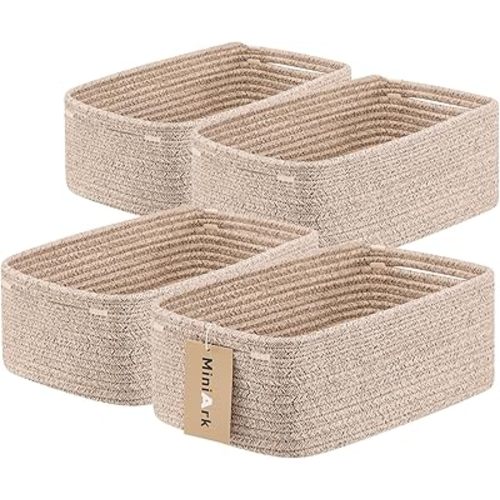 Small Storage Baskets for Organizing | Closet Organizer Bins | Shelf Toy Basket | Woven Rope Baskets | Cube Decorative Box | Shallow Basket | 13x8.5x5.1” | 4 Packs Mixed Brown