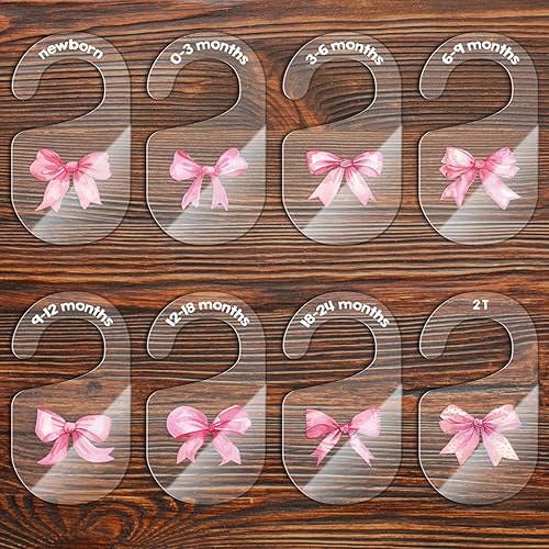 Acrylic Pink Bow Baby Closet Size Dividers Clear Hanging Clothes Dividers Baby Closet Organizers Thicken Baby Wardrobe Organizers for Home Nursery, 6.7 x 3.7 Inch, 8Pcs