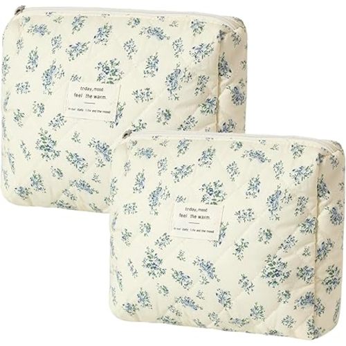 Quilted Cotton Makeup Bag 2Pcs Coquette Cosmetic Bag,Large Soft Floral Travel Toiletry Bag for Women and Girls(02 Blue flower)