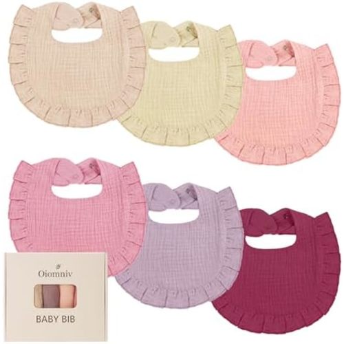 Oiomniv Muslin Baby Bibs, 6-Pack Bandana Drool Bibs Soft Cotton Adjustable Unisex Newborn, Toddler for Drooling Teething