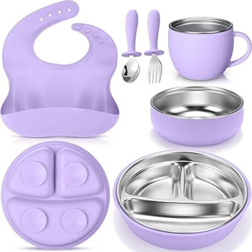 Nuogo 6 Pcs 304 Stainless Steel Kids Plates and Bowls Set Stainless Steel Suction Bowls and Toddler Cup with Removable Silicone, Forks Spoons Pocket Bib for Baby Toddle (Purple,Round)