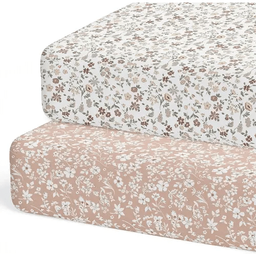 Crib Sheets Neutral - Fitted Baby Crib Sheets Bed for Girl Boy - 2 Pack Standard & Toddler Mattress (Fleurette) - Buttery Soft Organic Cotton Blend