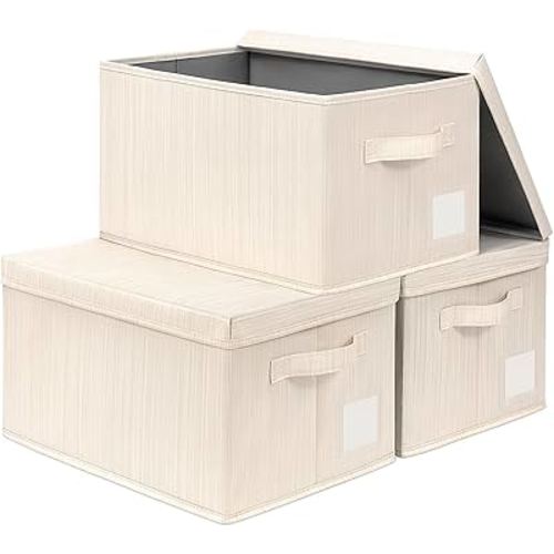 CHICVITA Storage Bins with Lids, Baby Basket for Nursery, Storage Basket with Lid, Decorative Baskets for Organizing, Shelf Organizer Bins for Closet, Beige, 3-pack