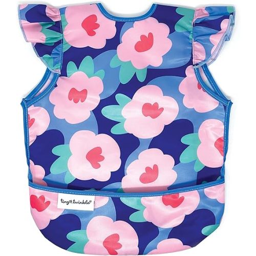 Tiny Twinkle Mess Proof Baby Bib - Waterproof & Lightweight Baby-Led Weaning Apron | 100% Recycled Polyester, Easy Clean & Machine Washable (Floral Blue, Small 6-24 Months)
