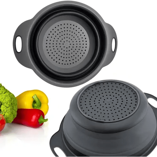 Small Food Strainer for Kitchen - Black Silicone Colander with Handle for Spaghetti and Pasta Multifunctional Colander for Camping