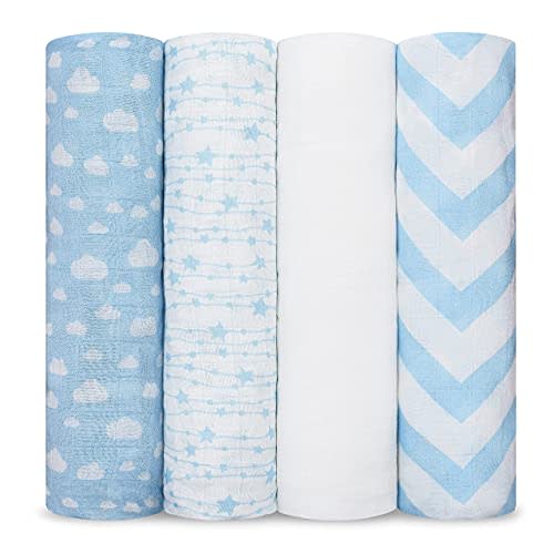 Comfy Cubs Muslin Swaddle Blankets Pack of 4, 47 x 47 Inches, Soft Cotton Baby Blanket Set, Large Multipurpose Swaddling Wraps for Newborns - Self-Soothing Swaddle - Blue