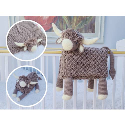 3in1 Highland Cow Folding Baby Blanket Crochet Pattern | Scottish Cow Blanket | Pram Crochet Blanket Toy Lovey | Baby Shower Gift | Birthday