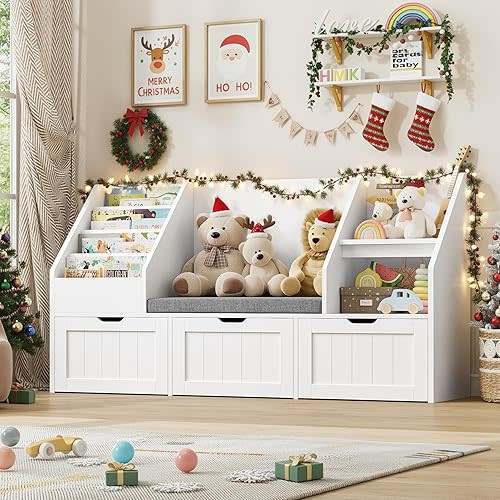 FOTOSOK 55.1’’ Kids Bookshelf with Reading Nook, Toy Storage Organizer with Seat Cushion and 3 Movable Drawers, Kids Reading Nook Toy Organizers and Storage with Bench for Playroom, Bedroom, White