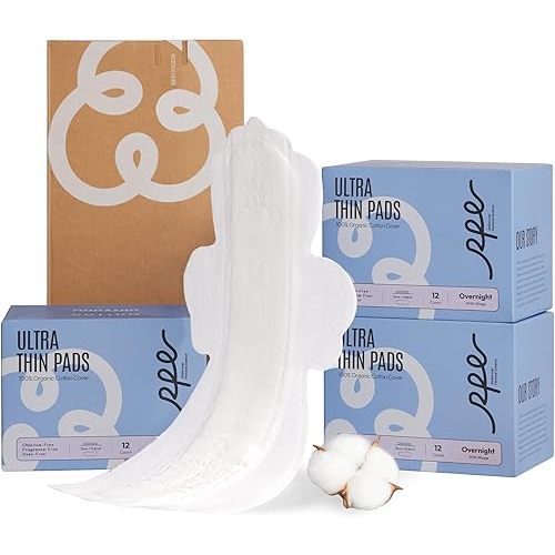100% Organic Overnight Pads for Women, Ultra Thin Extra Heavy Flow Menstrual Sanitary Napkins with Wings Cotton Extra Coverage Period-Pads Super Absorbency Feminine Pad (Overnight, Size 5, 36 Ct)