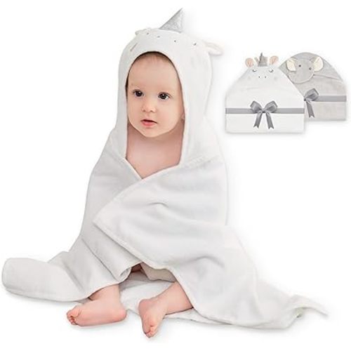 Viviland 2 Pack Hooded Baby Towels, Soft 100% Cotton Baby Bath Towels with Hood, Extra Thick and Absorbent, Essential for Newborns, Kids, Infants - Girls and Boys (Unicorn & Grey Elephant)