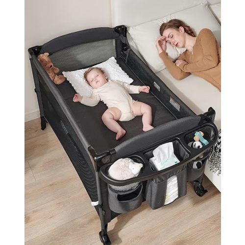 Baby 4 in 1 Bassinet Bedside Sleeper, Baby Bedside Crib Sleeper, Playard, Portable Diaper Changing Table, Baby Bassinet for Newborn Baby