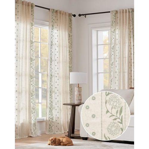 jinchan Linen Curtains for Bedroom Boho Curtains 84 Inches Length Linen Blended Embroidered Floral Curtains for Living Room Farmhouse Decor Light Filtering Curtains Sage on Linen Drapes 2 Panels