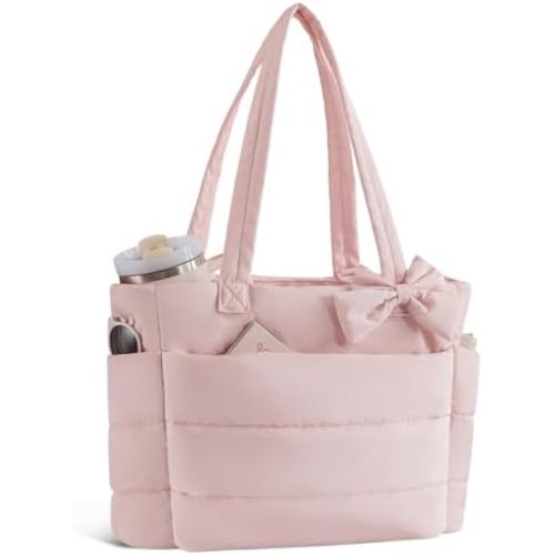 Puffer Tote Bag for Women, Quilted Bow Tote Bag with Cup Holder & 15.6 In Laptop Compartment for Work, Travel, Gym, College