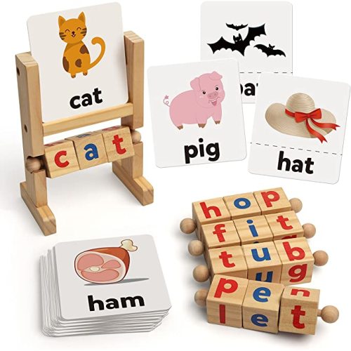 Wooden Reading Blocks Short Vowel Rods Spelling Games, Flash Cards Turning Rotating Letter Puzzle for Kids