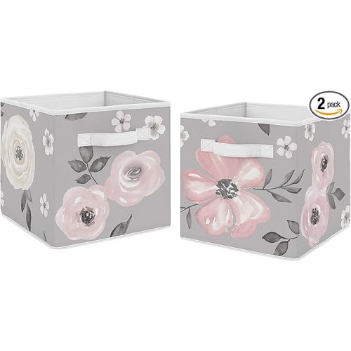 Sweet Jojo Designs Grey Watercolor Floral Foldable Fabric Storage Cube Bins Boxes Organizer Toys Kids Baby Childrens - Set of 2 - Blush Pink Gray and White Shabby Chic Rose Flower Farmhouse