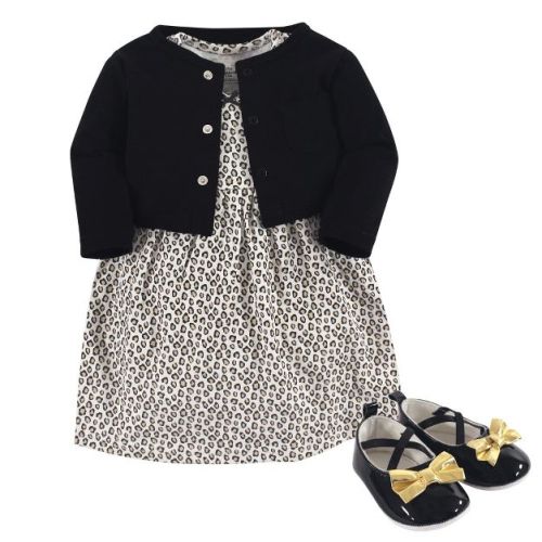 Little Treasure Baby Girl Cotton Dress, Cardigan And Shoe 3pc Set, Leopard, 3-6 Months
