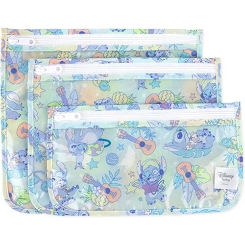 Bumkins Disney Travel Bag, Toiletry, TSA Approved Pouch, Zip Bag, Quart Size Airline Compliant, Clear-Sided, Baby, Diaper Bag Organization, Makeup, Accessories, Packing, Set of 3 Sizes, Aloha Stitch