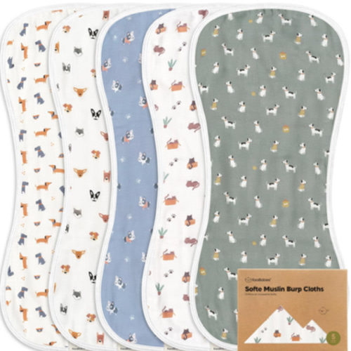 5-Pack Muslin Burp Cloths Baby Boy, Girl - Very Absorbent Baby Burp Cloth Rags, 8-Layers Viscose Derived from Bamboo Cotton Muslin Towel, Super Soft Spit Up Rags, No Shrink Washcloths(Pets & Paws)