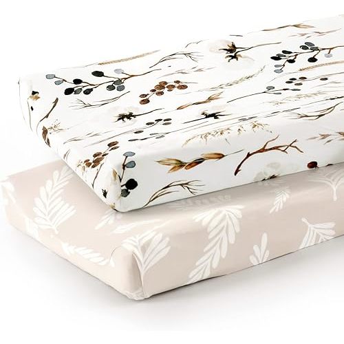 GRSSDER Stretch Ultra Soft Jersey Knit Changing Pad Cover Set 2 Pack, Change Table Pad Covers Fit 32"/34" x 16" Pads Safe and Snug, Unisex Stylish Pretty Diaper Change Table Sheets for Baby, Beige