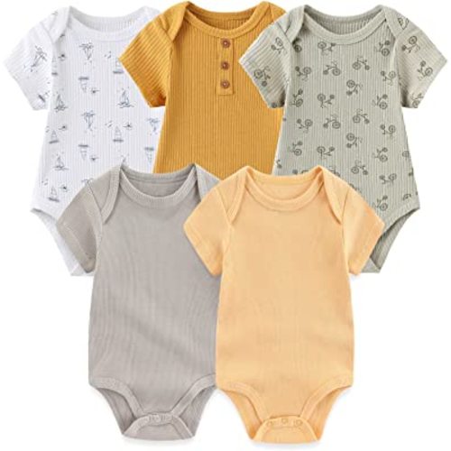 MAMIMAKA Newborn Baby Short Sleeve Bodysuit Cotton One-Piece Baby Clothes 5-Pack, 0-12 Months