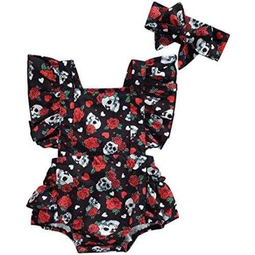 GOOCHEER Infant Baby Girl Easter Clothes Tie Strap Bunny Floral Print Romper Dress Ruffle Bodysuit Jumpsuit with Headband