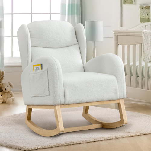 Muumblus Wingback Glider Rocking Chair for Baby Nursery, Wood Legs, Adults, Ivory Teddy
