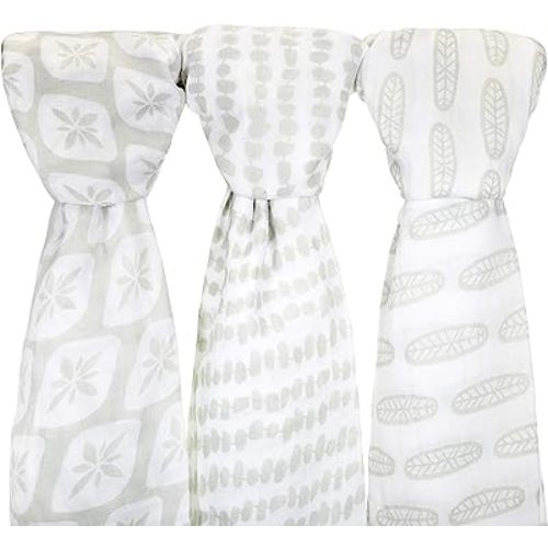 Muslin Cotton Baby Swaddle Blankets, Large 3 Pack Sage Green & White Hand-Drawn